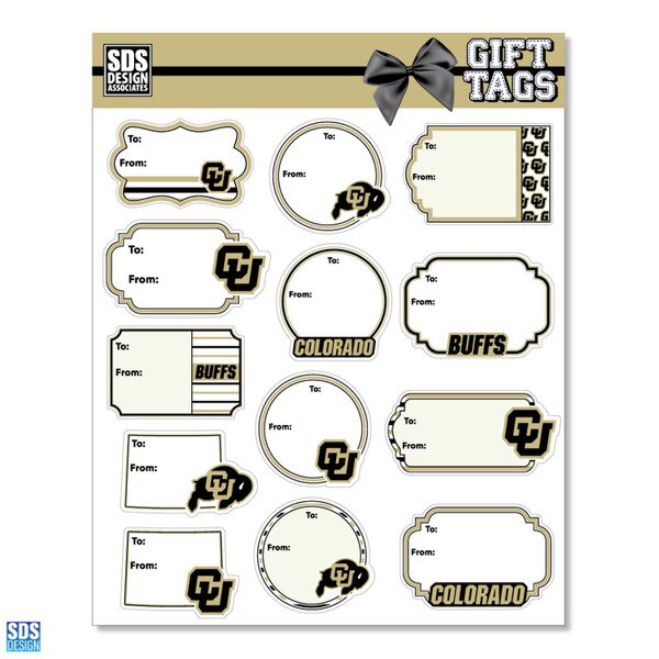 University of Colorado gift tag sticker sheet featuring various "To/From" label designs with CU Buffaloes logos, typography, and decorative borders in black and gold.